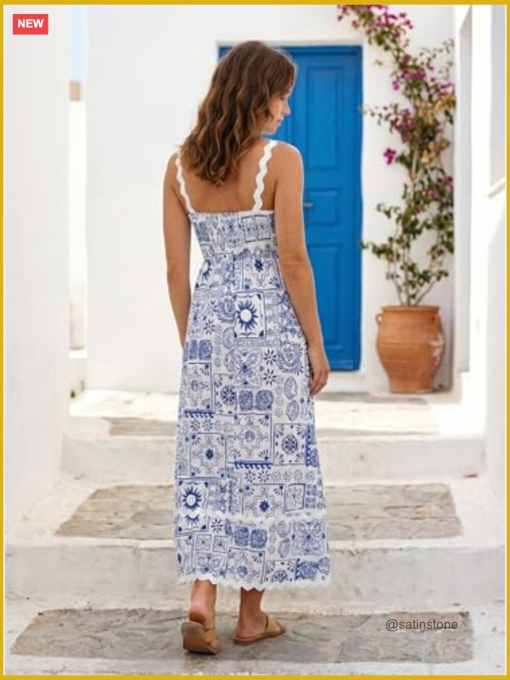 Classy Sleeveless Lemon Print Maxi Ric Rac Dress with Shirred Back - Picture 6 of 7